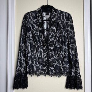 Tadashi Lace Black Floral Jacket Blazer With Beaded Detail Sz 16
